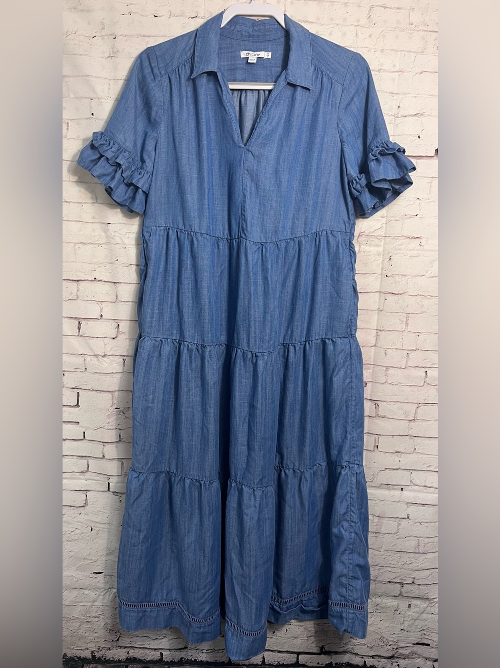 Chicos Size 0 Small - Medium Tencel Denim Tiered Maxi Dress Ruffle Sleeve Blue
